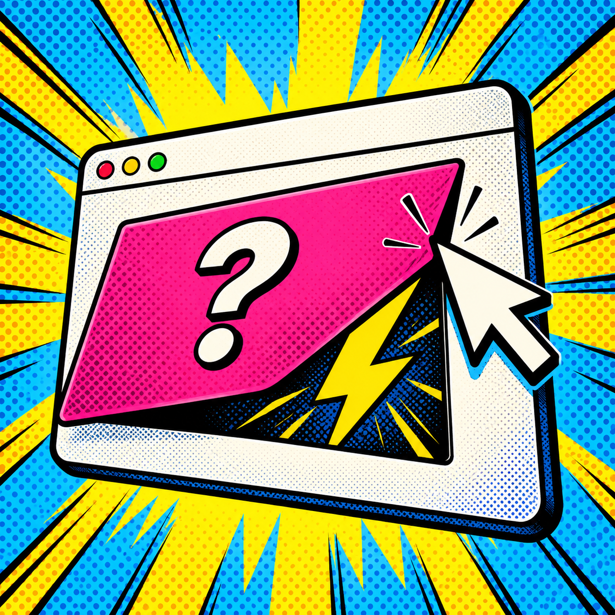 Ilustración de gamificación en marketing: un cursor descubre un rayo bajo una tarjeta con una interrogación